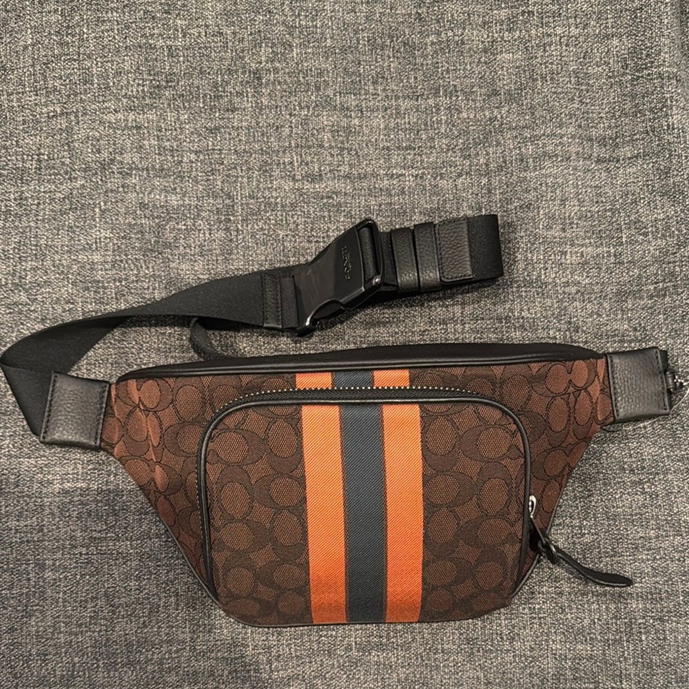 Coach Brown and Orange Belt Bag with Monogram Pattern